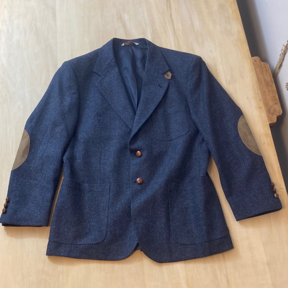 Vintage Stafford Navy Tweed Wool Blazer Academia Elbow Patches